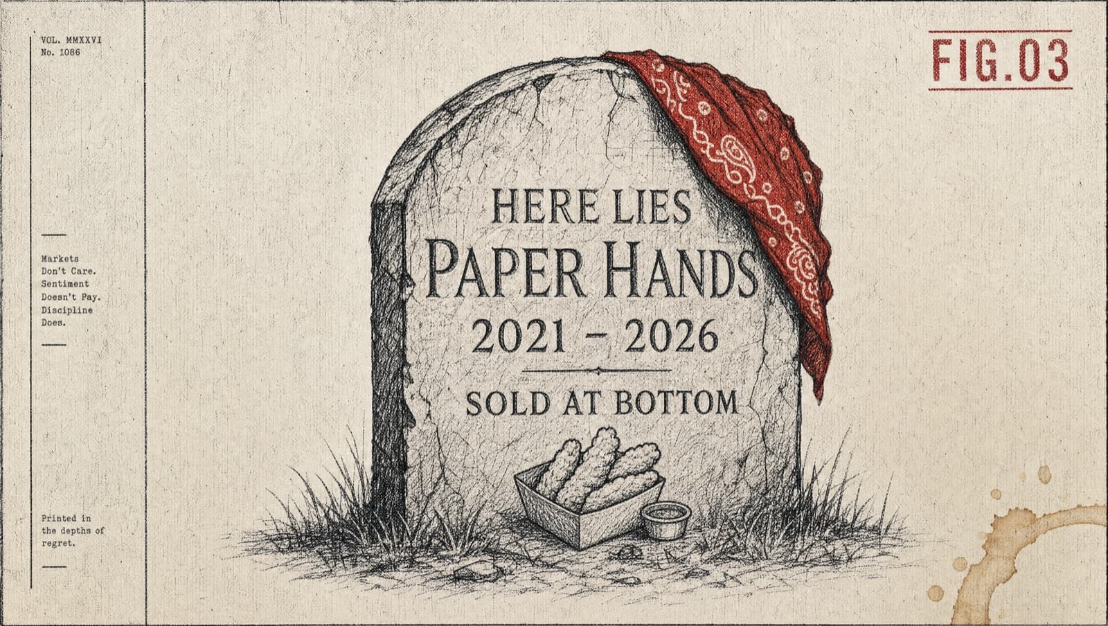 FIG.03 — A single weathered tombstone on coarse paper. Inscription: HERE LIES PAPER HANDS, 2021–2026, SOLD AT BOTTOM. Crooked red bandana draped over a corner. Chicken-tendies icon at the base.