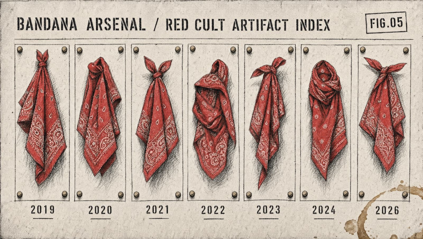 FIG.05 — A 2x3 grid of five red bandanas pinned to coarse paper, each tied in a different knot configuration. Cataloged like a museum specimen plate. Pencil hatching shadows. Hand-written labels under each.