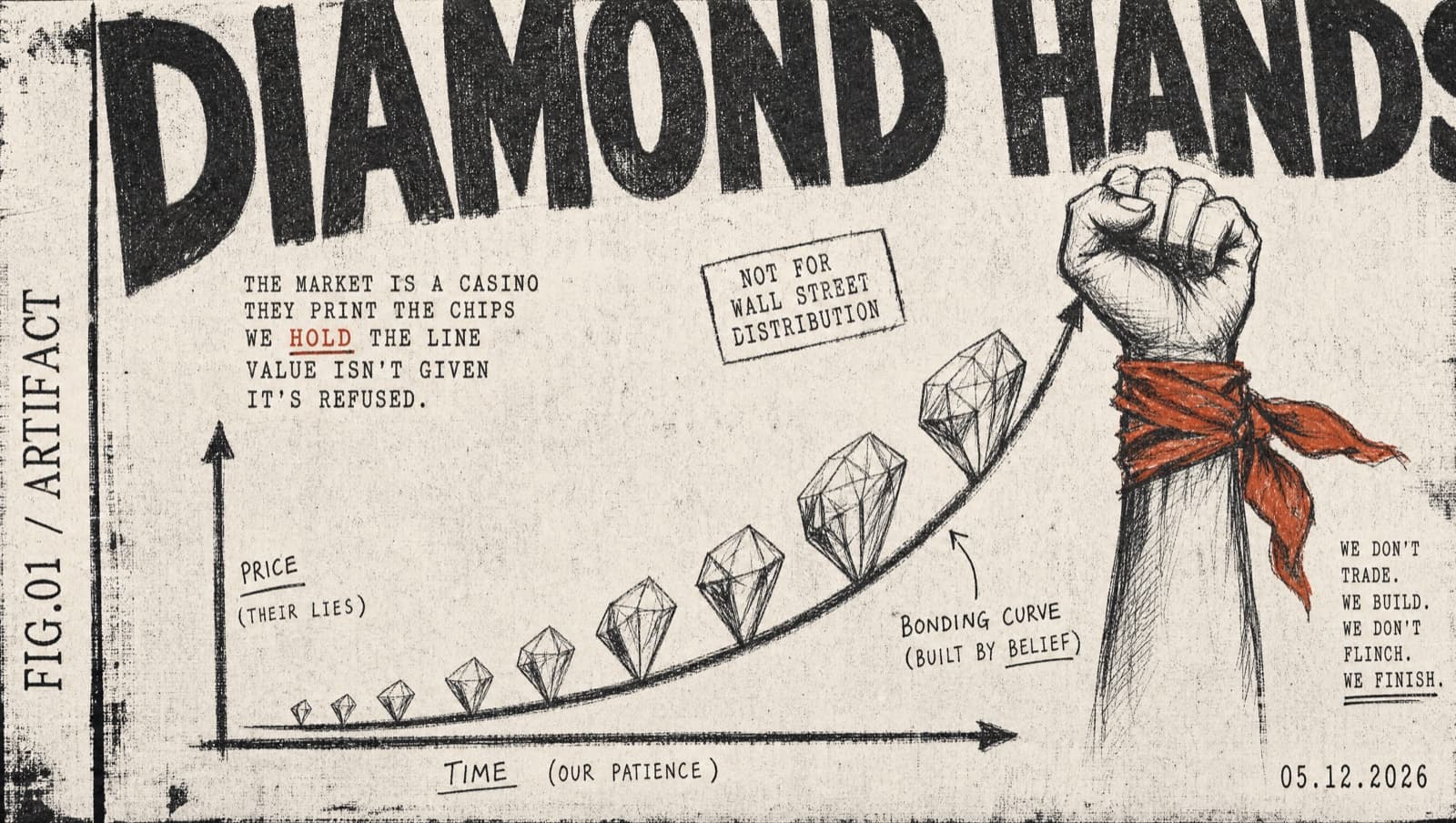 FIG.02 — Diamond Bonding Curve. Hand-drawn pencil curve ascending across coarse paper, diamond clusters at the apex, DIAMOND HANDS headline. Brutalist zine evidence plate.