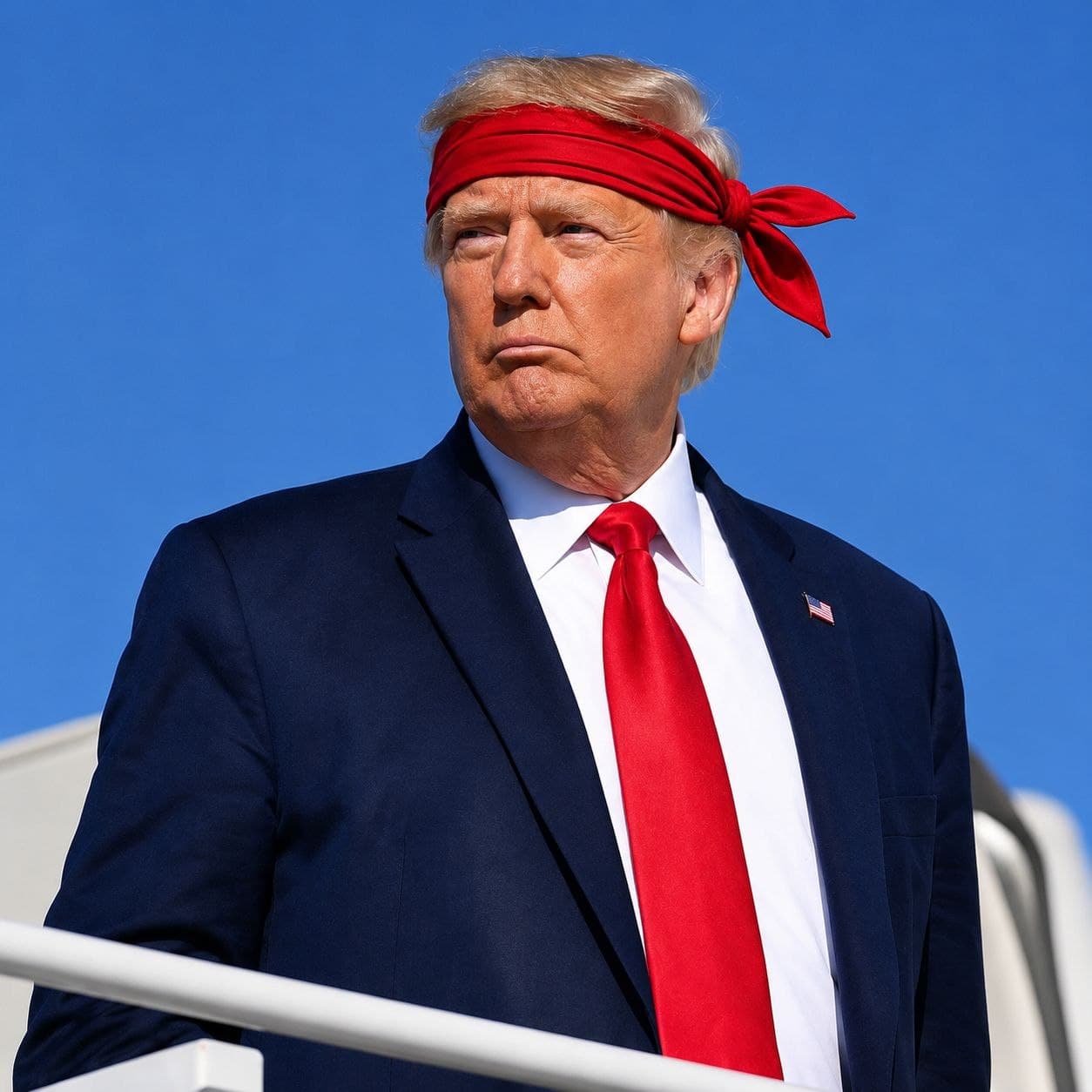 Trump with a visible red bandana tied across his forehead