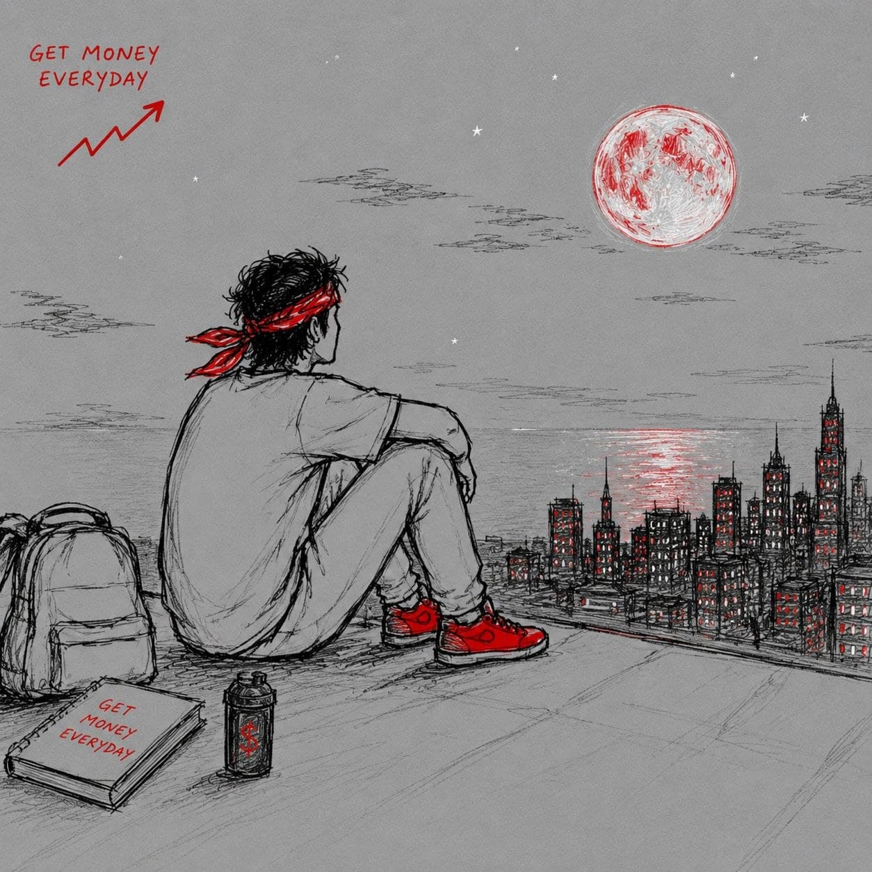 Operator with red bandana on a rooftop, laptop showing rising red chart, city skyline in the back